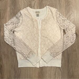 Lucky Brand Cream Lace Button-Up Cardigan Wool Cashmere Blend Sheer Arms Small